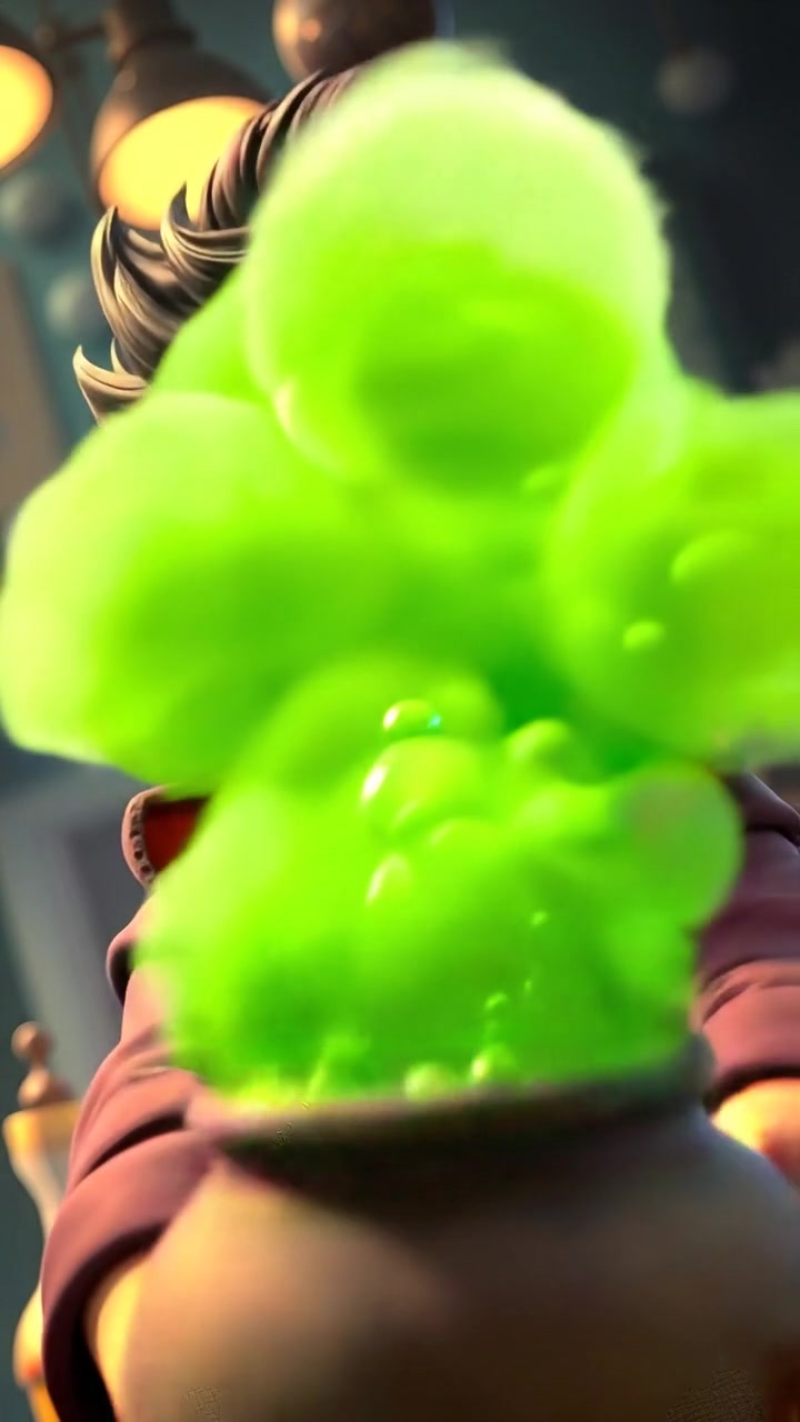 The camera zooms in on the bubbling potion just before it bursts, then whips back to reveal the wizard's shocked expression. The audio features bubbling liquid, a magical pop, and startled exclamations.