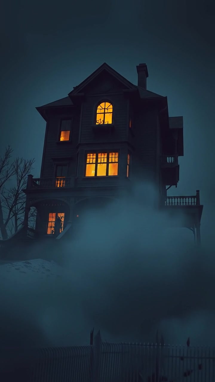 The camera cranes upward toward the glowing window of the house, while fog rolls past the gate and branches creak in the wind. The audio features creaking wood, owl hoots, and a soft flicker of candlelight.