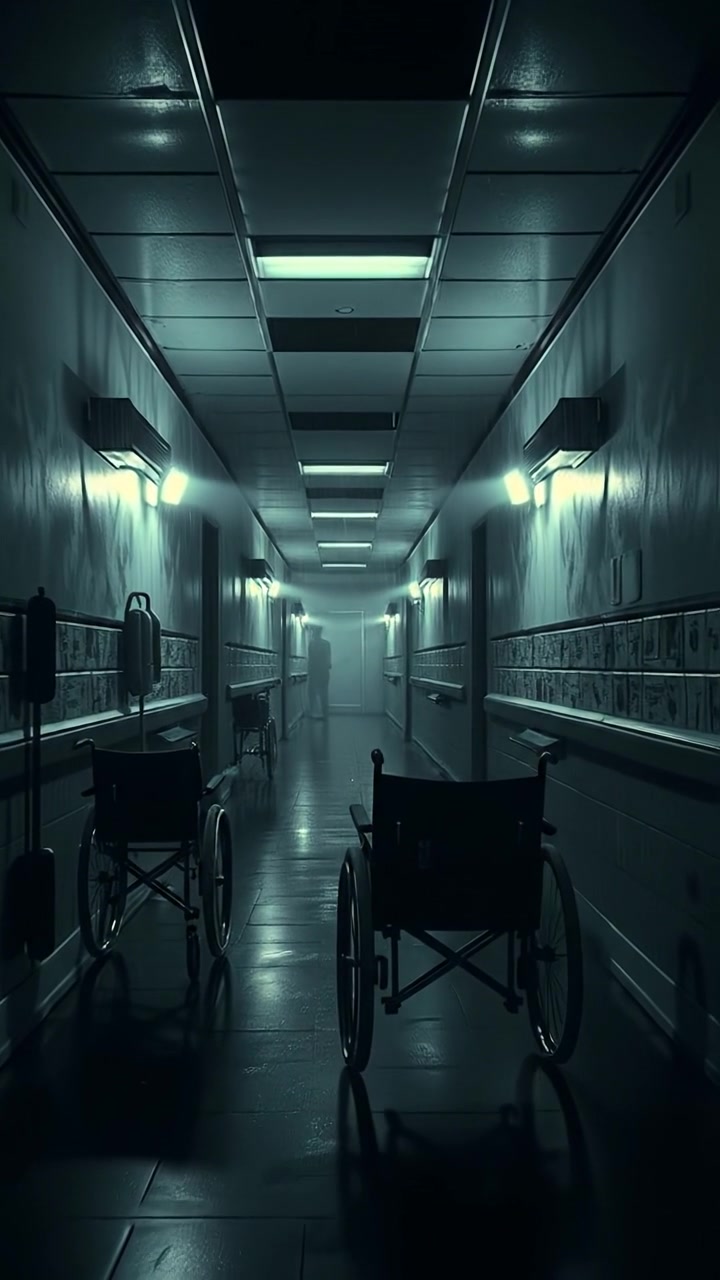 The camera glides down the flickering hallway of the hospital, lingering on peeling walls and abandoned equipment. The audio features flickering lights, echoing beeps, and distant wheeled clatter.