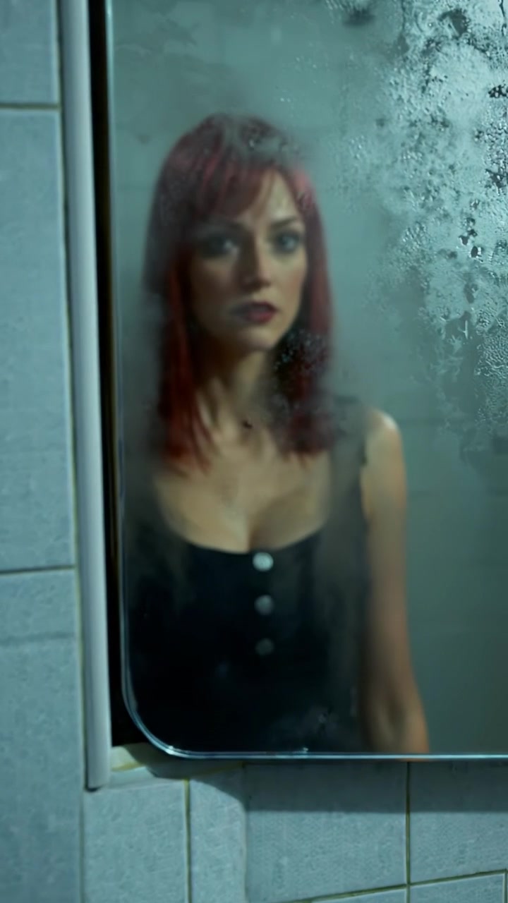 The camera focuses on the mirror as the condensation fades, slowly revealing the ghostly reflection. The audio features fog clearing with a soft gasp and distant whispering voices.