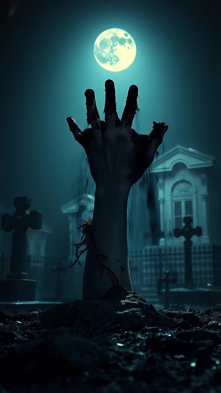 The camera pushes in on the grave as a pale hand bursts through the dirt, chunks of soil flying in slow motion. The audio features grave dirt shifting, a heartbeat pulse, and echoing silence.