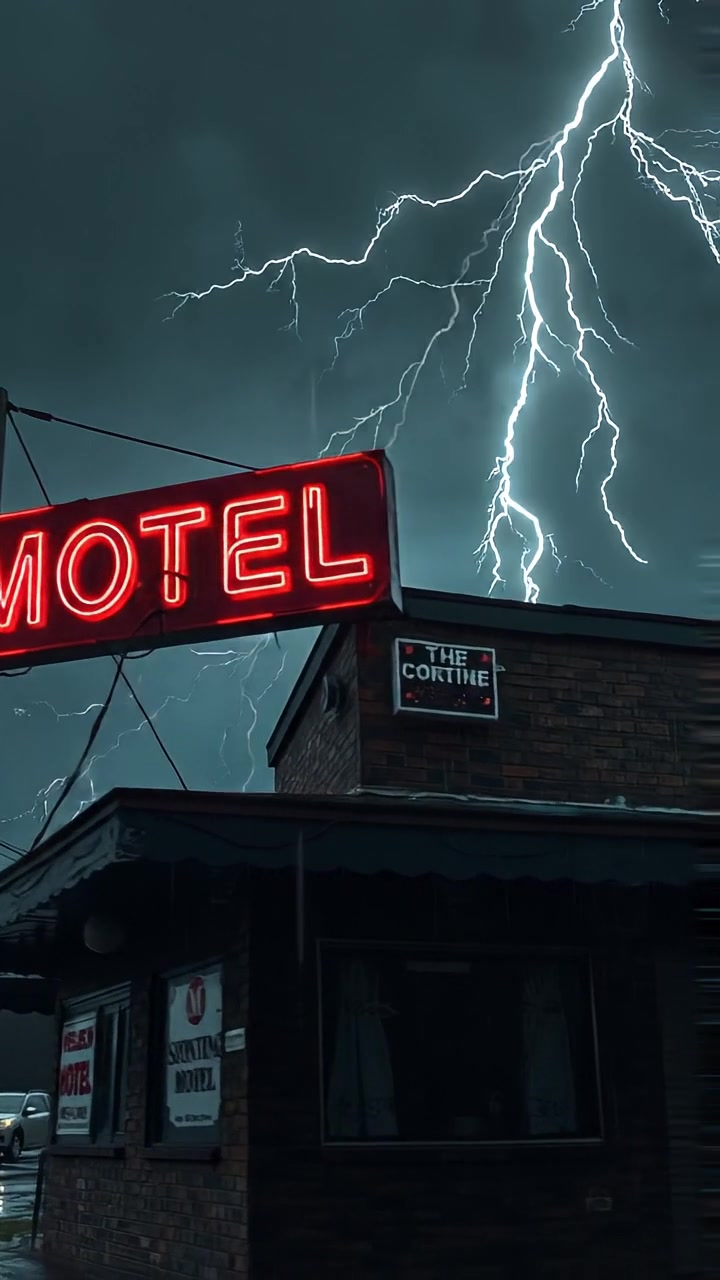 The camera pans past the cracked motel sign and slowly approaches the building, rain splashing on the neon-lit ground. The audio features buzzing neon, light thunder, and wind whistling through broken glass.