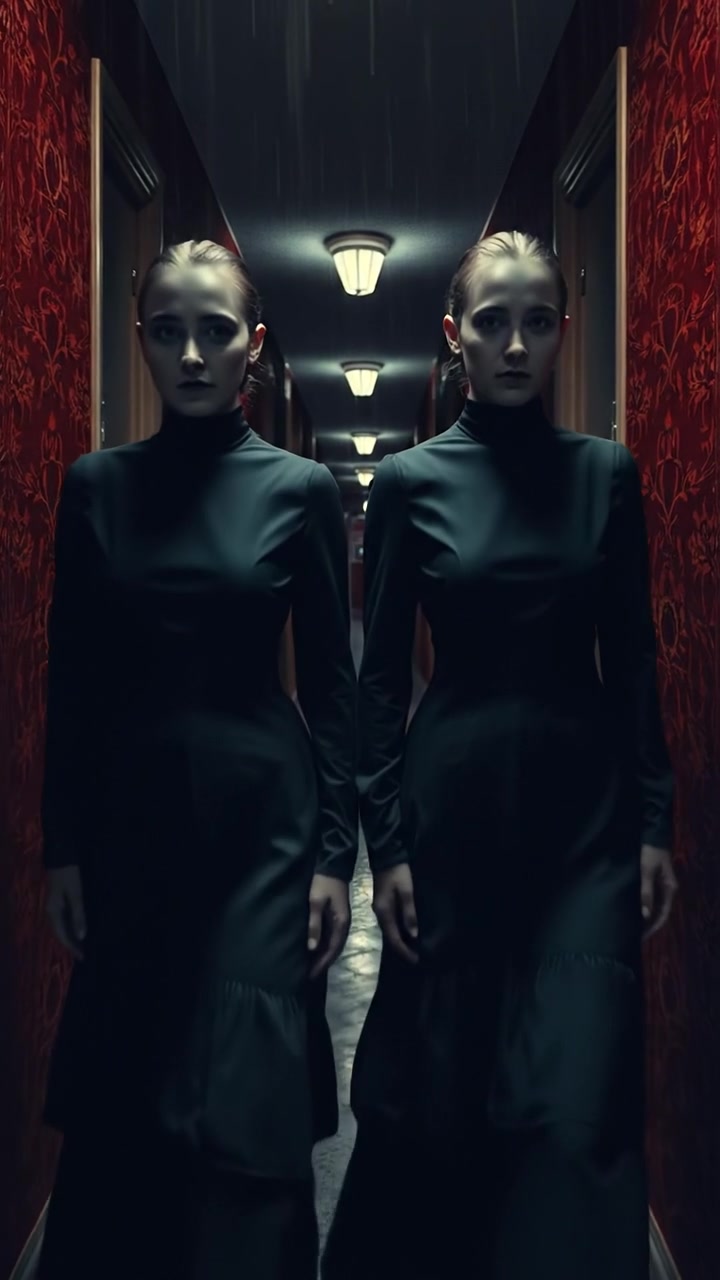 The camera slowly zooms toward the identical twins as they start dancing the macarena. The audio features a low hum, synchronized breathing, and pin-drop silence.