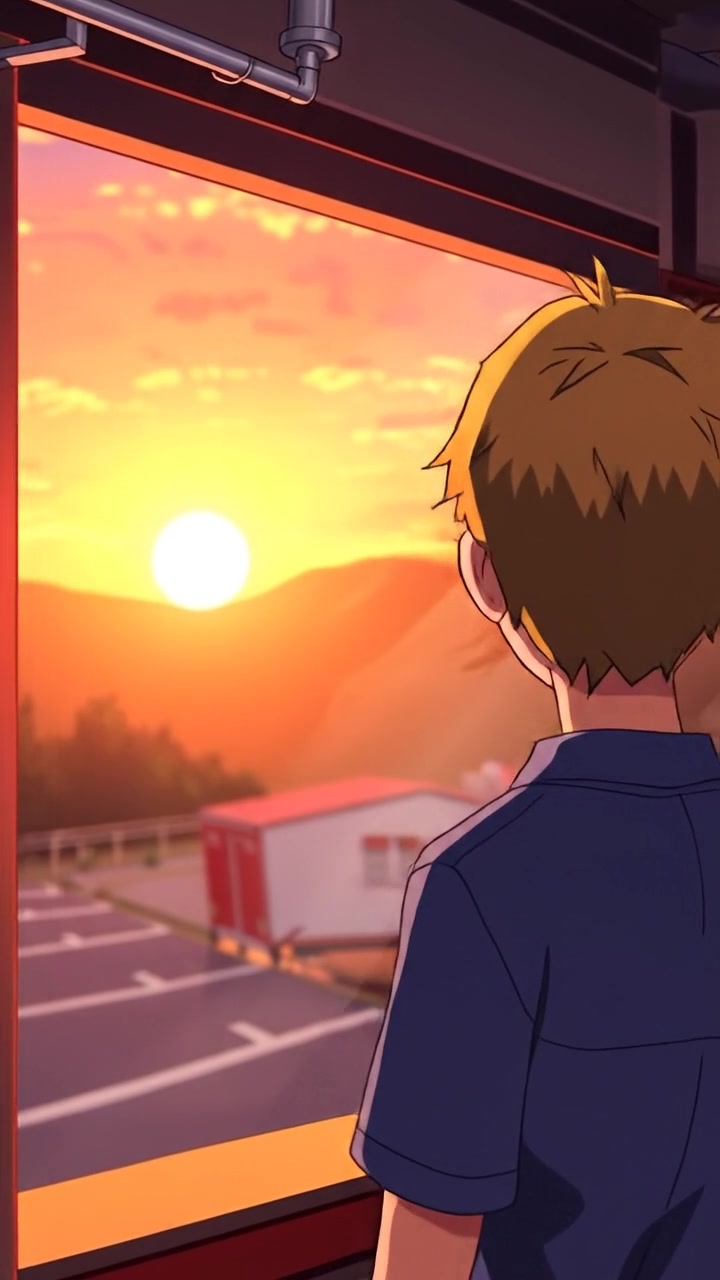 The camera rests behind the student, slowly dollying out from the classroom window into the glowing sunset. The audio features classroom silence, chalk ticking, and a low ambient hum.