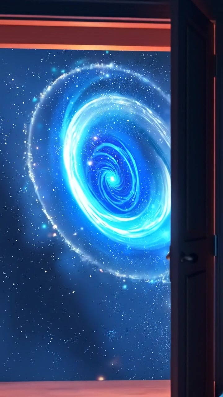 The camera pushes slowly through the closet doorway, entering the swirling portal and revealing galaxies spinning in the distance. The audio features cosmic hums, portal swirls, and ambient bedroom creaks.