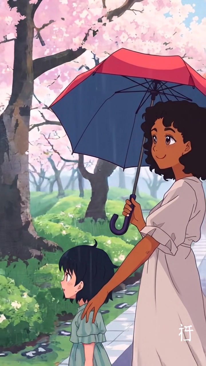 The camera hovers beside the couple beneath the umbrella, gently swaying as they walk along the quiet riverside. The audio features gentle footsteps, light rain on fabric, and ambient city murmur.