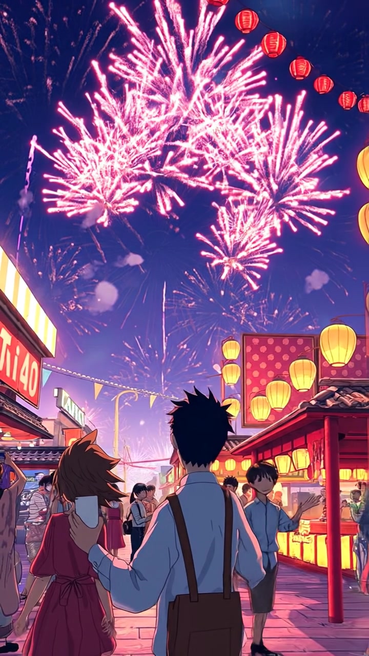 The camera floats through the bustling summer festival, fireworks exploding behind characters lit by lantern glow. The audio features festival chatter, fireworks bursting, and lanterns fluttering.