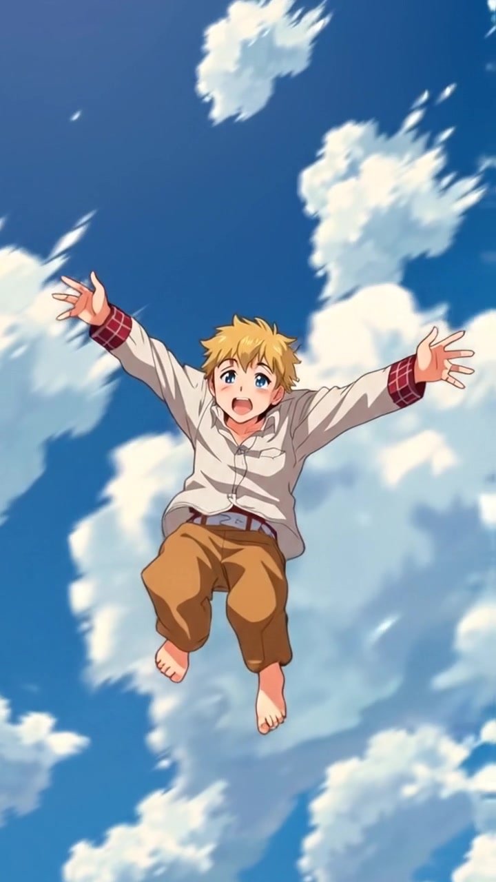 The camera follows the character in freefall from above, clouds rushing past in dreamlike slow motion. The audio features rushing air, distant echoes, and ambient dreamlike music.