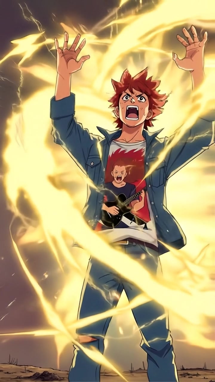 The camera swirls around the character mid-transformation, light exploding outward in all directions. The audio features a rising scream, crackling energy, and trembling ground.
