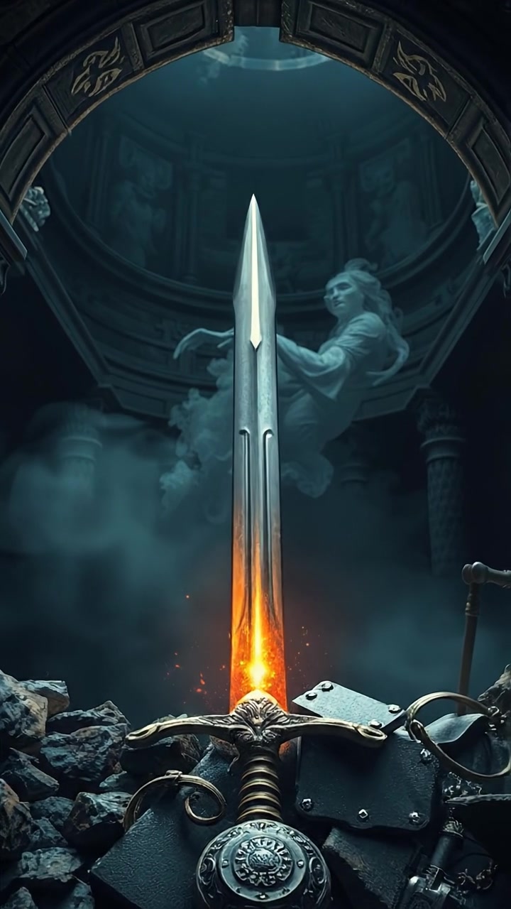 The camera pushes through ancient ruins toward the sword in the stone, glowing faintly as mist swirls around. The audio features humming echoes, metal resonance, and swirling wind.