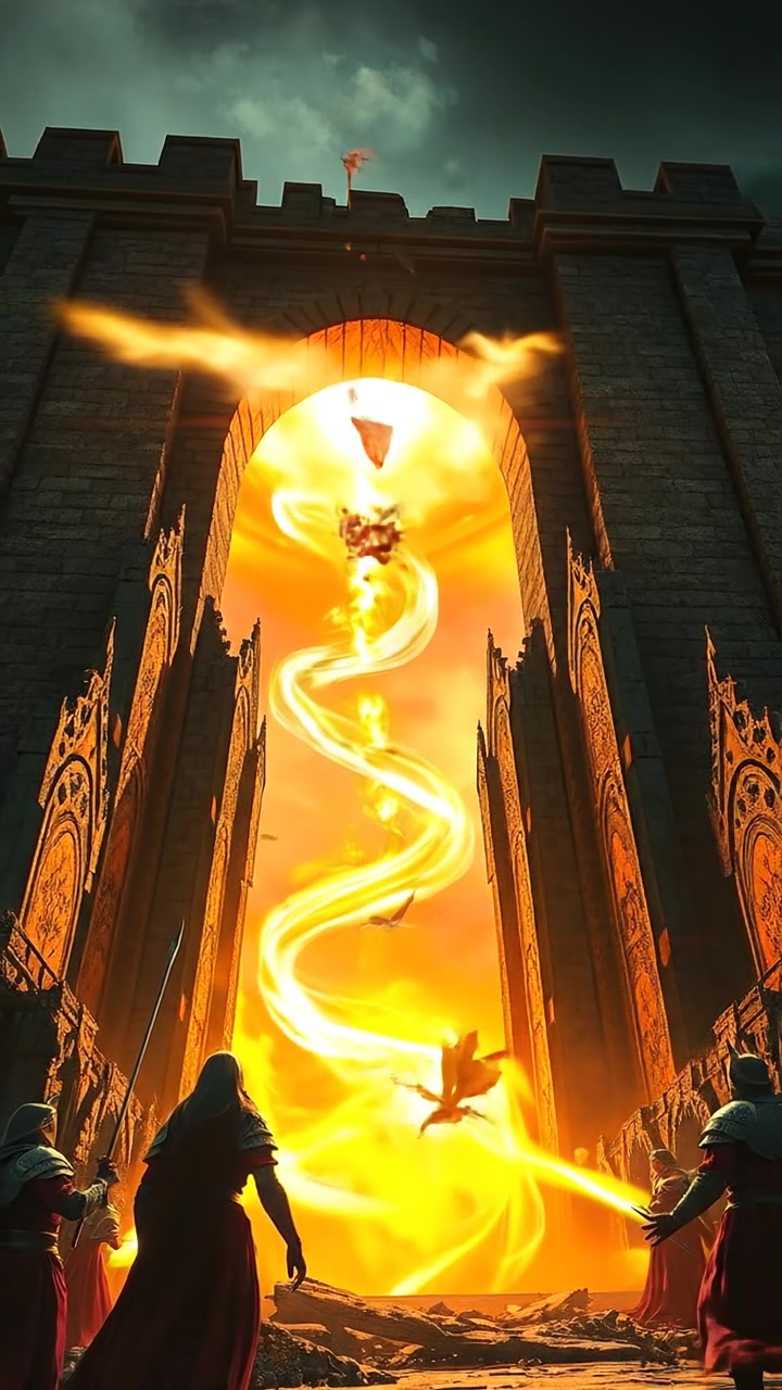 The camera spirals around the glowing portal as it opens, debris lifting and light flooding the scene. The audio features whooshing portal wind, low rumbles, and pulsing magical tones.