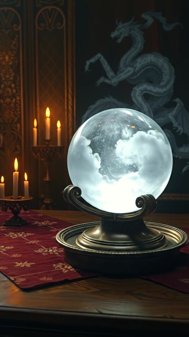 The camera zooms in slowly on the swirling crystal ball, shapes flickering in and out of focus inside the glass. The audio features crystal vibrations, whispering echoes, and candle flickers.
