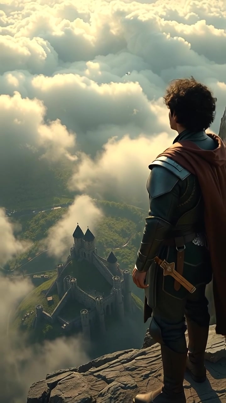 The camera soars up behind the hero as they stand on the cliff, revealing the vast kingdom stretching below. The audio features ambient wind, distant horn calls, and sweeping orchestral swell.