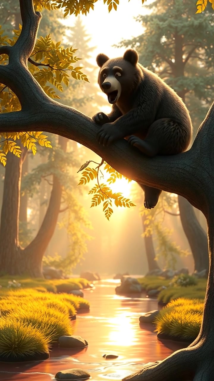The camera focuses in on the bear as he lazily yawns, the creek water moves below him. The audio features water streaming, the creaking of the tree branch and the bear yawning.