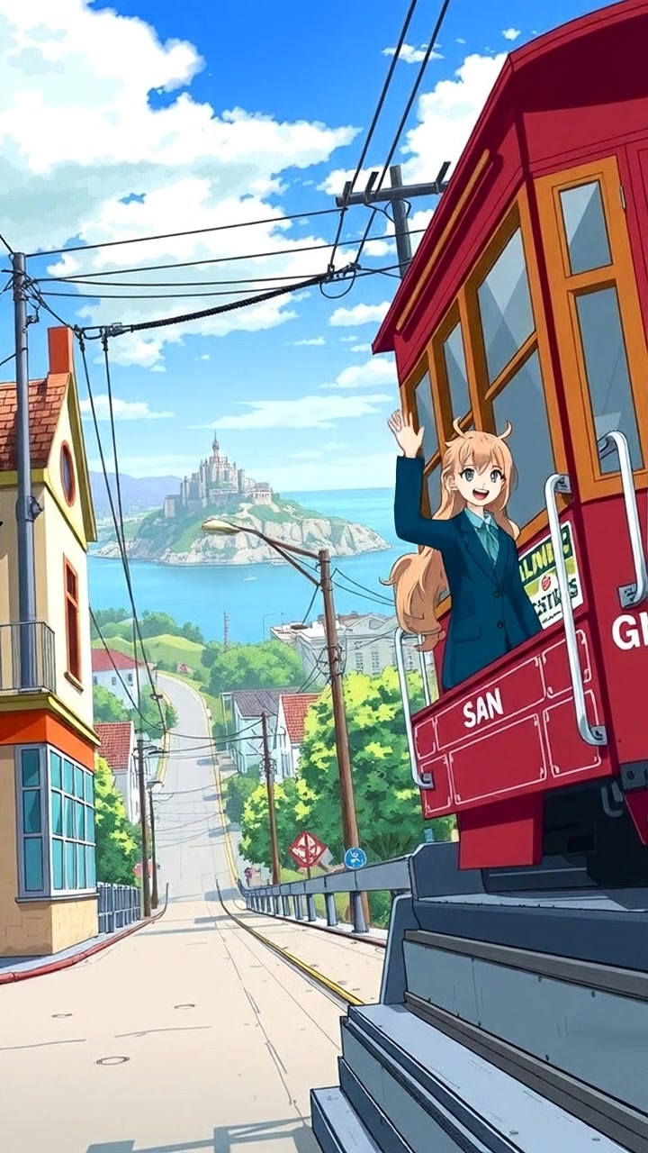 The camera focuses in on her as she waves and the trolley moves away. The audio features trolley soundsa, and city sounds.