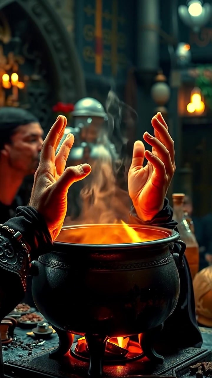 The camera tilts down toward the cauldron, smoke swirling upward as glowing hands conjure unknown power. The audio features bubbling liquids, subtle chants, and crackling embers.
