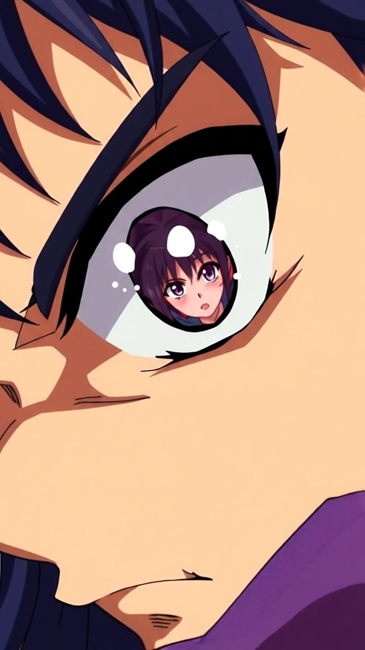 The camera pushes in on the character’s eye, revealing the reflection of their opponent just before the clash. The audio features held breath, a high-pitched tone, and sudden clash.