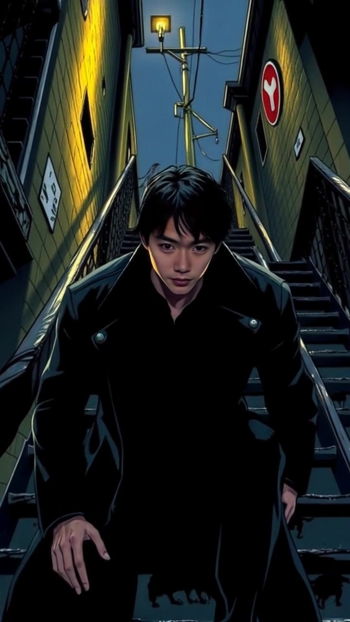 Scene: A dimly lit staircase with shadows casting an eerie atmosphere, creating a sense of unease and anticipation. Style: Moody lighting with sharp contrasts, enhancing the depth of the shadows around the figure. Motion: The camera pushes in slowly towards the top of the staircase, intensifying the feeling of suspense as it reveals the faint outline of Ken peering up.