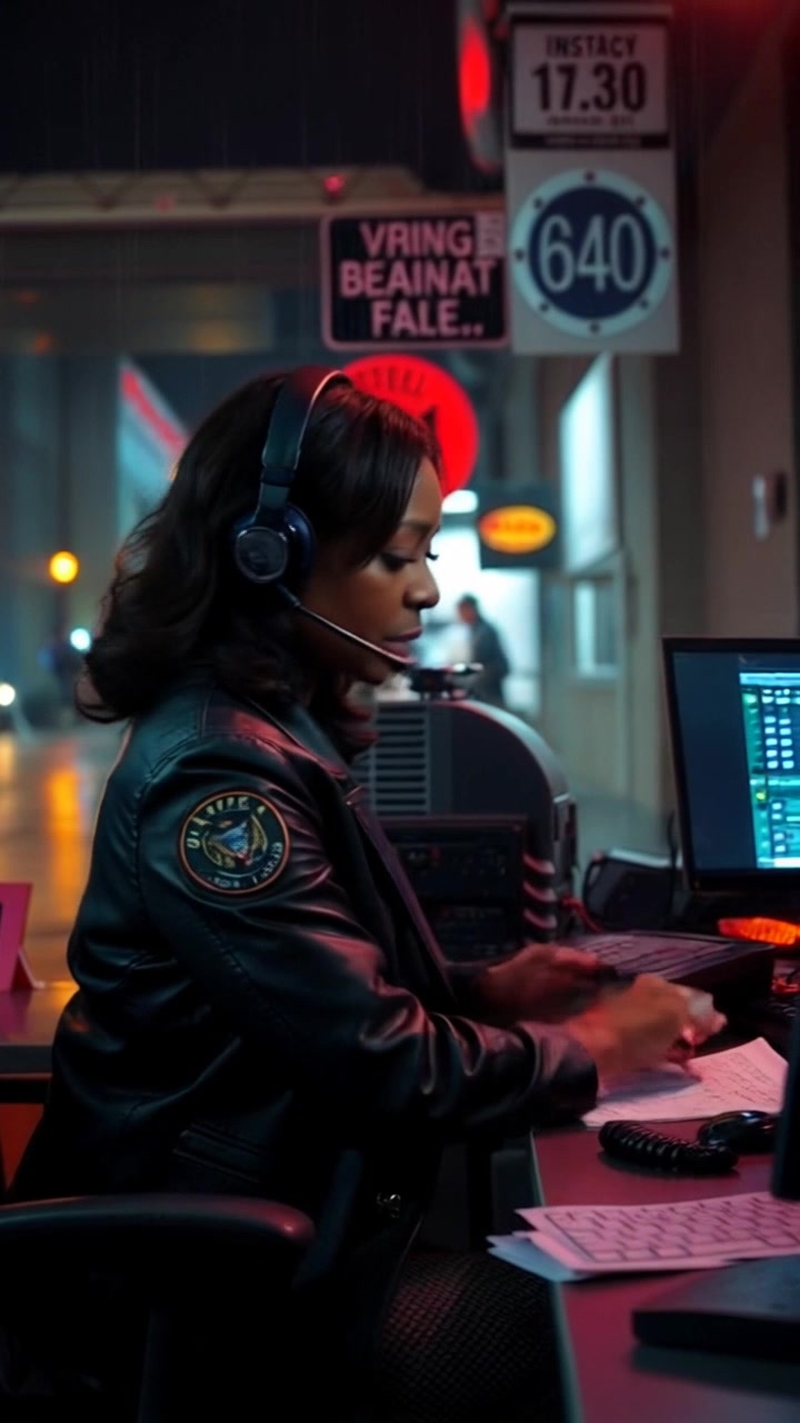 Subject: A focused police dispatcher at work. Subject movement: The dispatcher speaks intently into the phone while handling multiple screens and notes at the desk. Scene: A bustling police dispatch center filled with communication equipment, illuminated by ambient overhead lighting. Motion: The camera employs a dynamic panning shot that captures the urgency of the environment, smoothly transitioning between the dispatcher and the chaos of the center. The atmosphere is tense yet focused, highlighting the critical role of communication in emergency response.