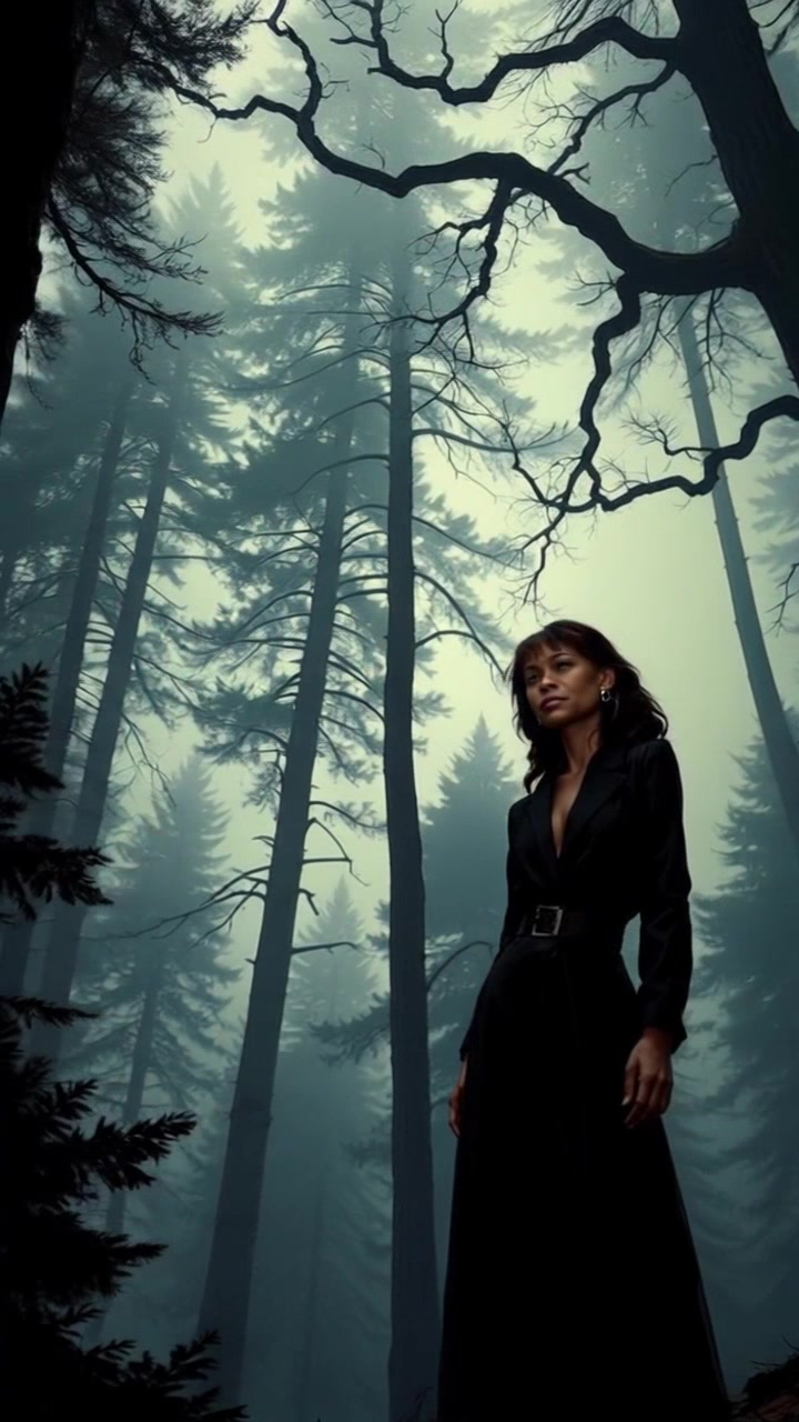 Subject: Monique standing at the edge of a dense forest, observing the towering trees that loom around her. Subject movement: She shifts her weight slightly, gazing into the misty distance. Scene: The edge of a dense forest enveloped in soft mist, with towering trees creating a serene and mysterious ambiance. Style: Cool, muted lighting with hints of soft natural light filtering through the foliage. Motion: The camera performs a slow, dramatic panning shot, revealing the lush landscape and Monique's contemplative stance amidst the tranquil atmosphere.