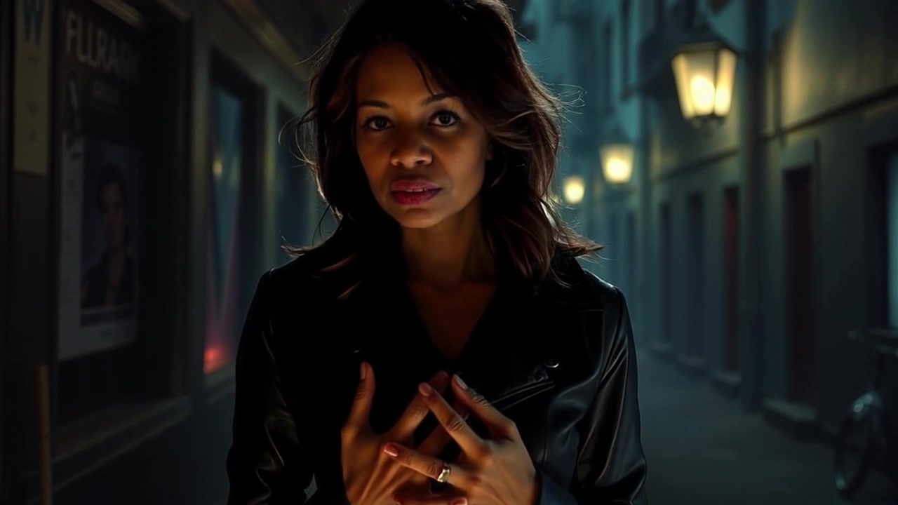 Subject: Monique standing in a dimly lit room. Subject movement: She shifts her gaze up slowly, revealing her apprehensive expression. Scene: A small, sparsely furnished room with shadows creeping into every corner, enhancing the sense of unease. Style: Soft, low-key lighting emphasizes her features while casting eerie shadows. Motion: The camera performs a slow, zoom-in on her face, capturing the nuances of her expression as the light flickers subtly, adding to the atmosphere.