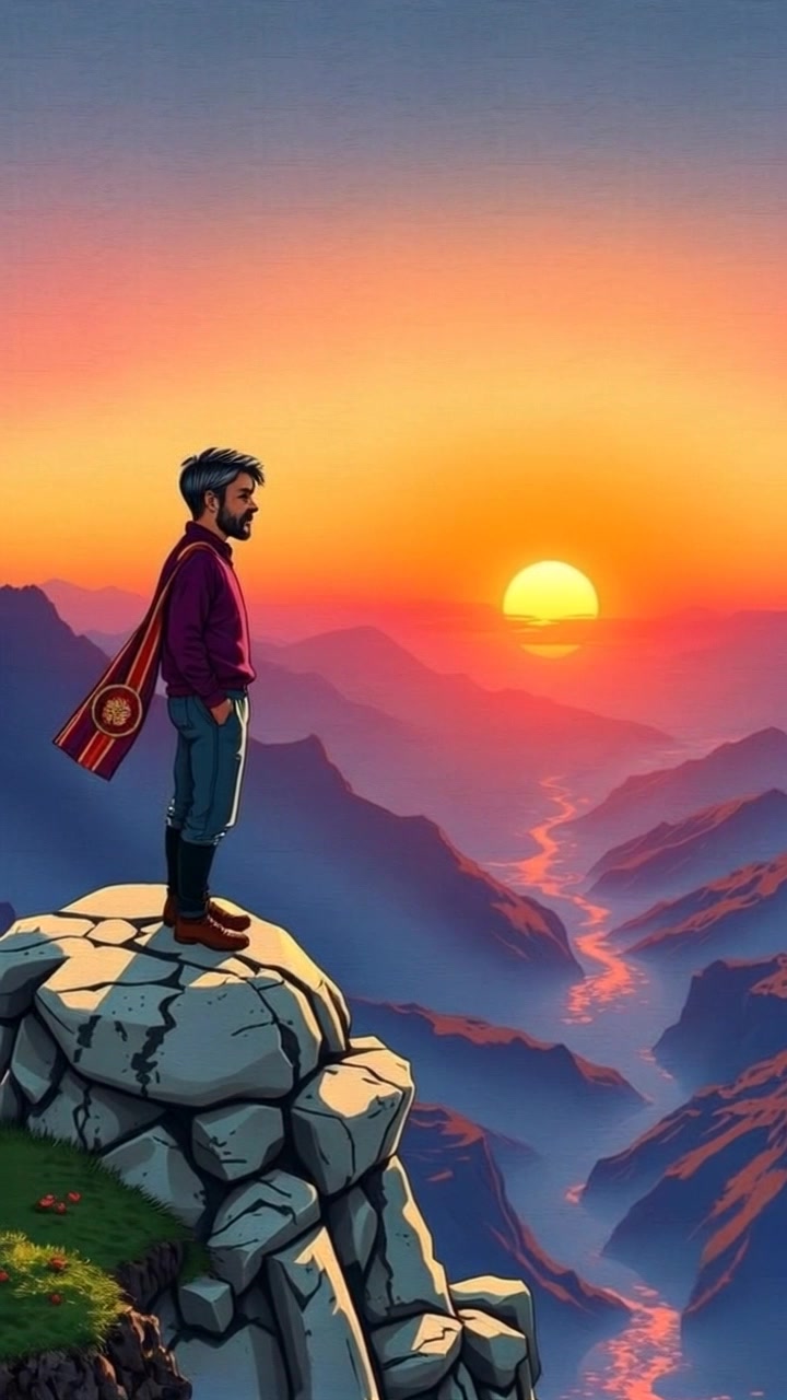 Subject: A solitary figure stands atop a mountain peak, absorbing the breathtaking sunset. Scene: The vast landscape stretches into the distance, revealing deep valleys bathed in warm hues of orange and purple. Motion: The camera slowly pushes in on the figure, capturing the dramatic play of light as the sun dips below the horizon and the valleys change color, creating an inviting and moody atmosphere.