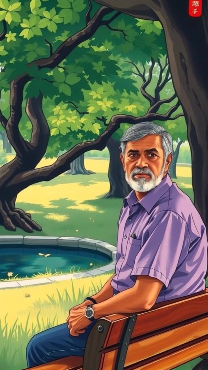 Subject: A person sitting on a wooden bench. Scene: Saif is seated on a rustic bench in a quiet park, framed by lush green trees and a serene small pond nearby. Motion: The camera gently pushes in, capturing Saif's contemplative expression as leaves rustle in the soft breeze, with dappled sunlight filtering through the branches, creating a warm and inviting atmosphere.