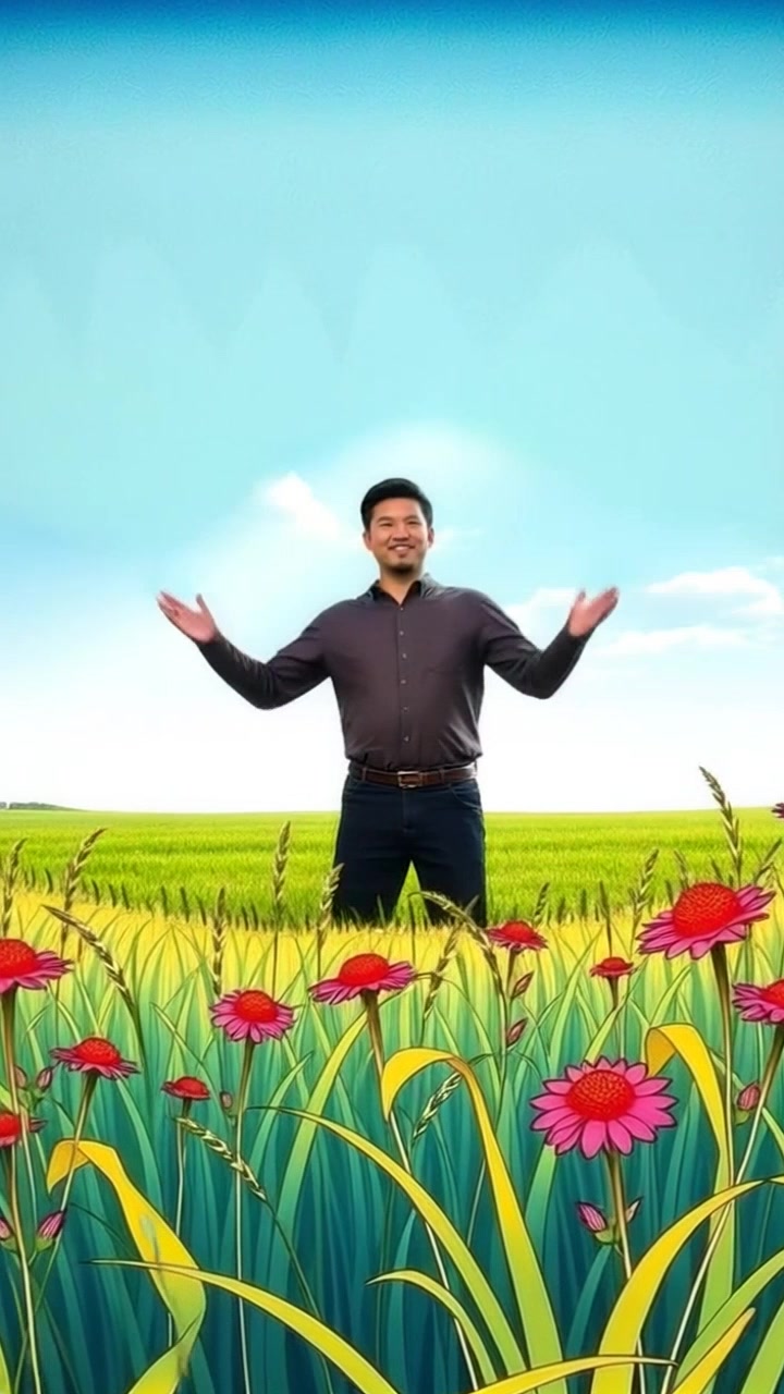 Subject: A South Asian farmer standing proudly in a lush green field. Subject movement: The farmer gestures widely, as if showcasing the vibrant crops around him, while shifting slightly on his feet. Scene: A sprawling green field under a clear blue sky, with patches of sun illuminating the landscape. Style: Bright daylight enhancing the vivid colors of the field and sky, creating an inviting atmosphere. Motion: Camera performs a smooth dolly-in toward the farmer, emphasizing his connection to the land and the beauty of the surrounding wilderness.