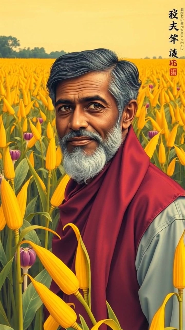 Subject: A proud individual admiring their bountiful harvest. Subject movement: The individual stands tall and still, gazing thoughtfully at the thriving crops. Scene: A vibrant field filled with lush, golden crops swaying gently in the breeze, under a clear blue sky. Style: Warm, natural daylight creating a golden hue over the landscape. Motion: The camera performs a slow, sweeping dolly in, capturing the expansive beauty of the crops while focusing on the joyful expression of the individual.