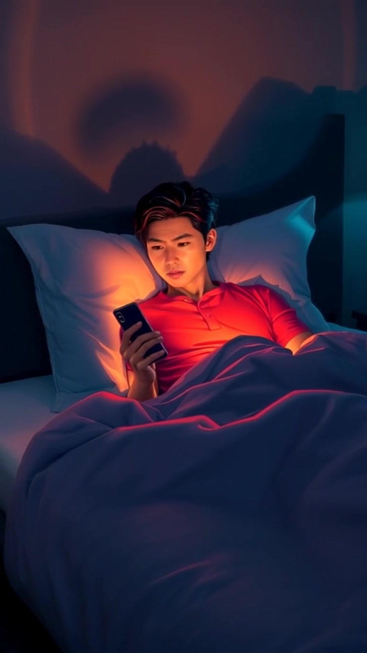 Subject: A person sitting up in bed with an annoyed expression, holding a phone. Subject movement: The person glances around the dimly lit room with visible frustration. Scene: A cozy bedroom with soft, shadows playing across the walls from a bedside lamp. Style: Dim ambient lighting creates a moody atmosphere. Motion: The camera begins with a close-up on the person’s face, capturing the nuance of their annoyance, then slowly pulls back to reveal the cluttered bedside table and the overall bedroom setting.