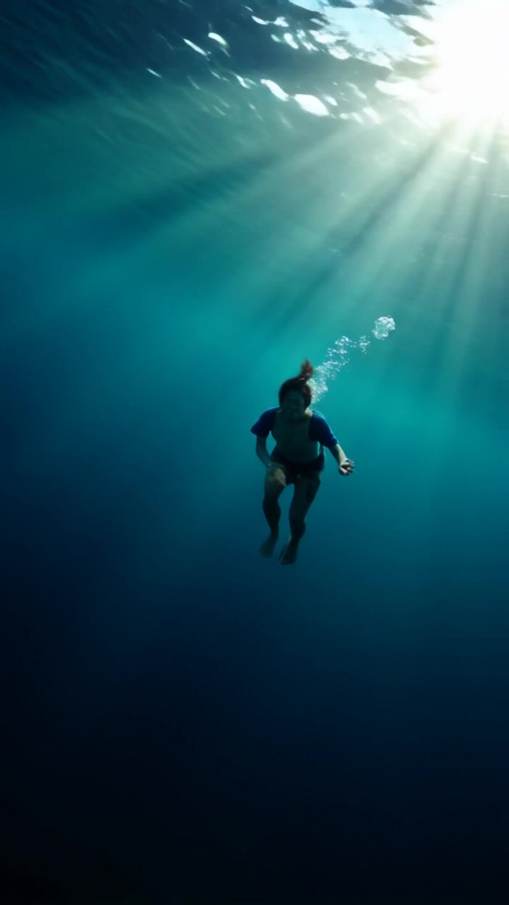 Subject: A person looking panicked underwater. Subject movement: The individual is struggling, frantically pushing against the water as bubbles escape their mouth. Scene: A surreal underwater environment, with rays of sunlight piercing through the surface, casting an ethereal glow. Lighting: Dappled light creating a contrast between bright and dark areas, enhancing the sense of urgency. Motion: The camera gently rotates around the subject, capturing their expressions and movements while also revealing the mesmerizing aquatic landscape, creating a feeling of tension and fear.