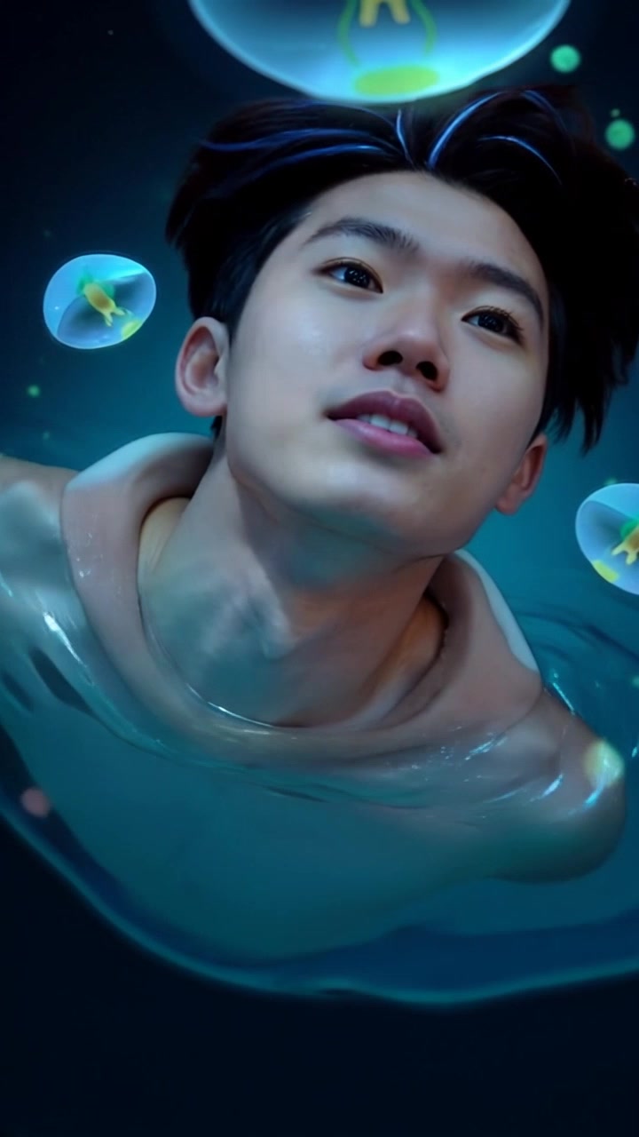 Subject: Ken emerging from the water with a relieved expression, gasping for air. Subject movement: Ken swims upward through the water's surface, powerful strokes propelling him forward. Scene: A shimmering beach setting at midday, with gentle waves lapping at the shore and seagulls soaring above. Style: Bright, natural sunlight illuminating the scene, creating sparkling reflections on the water. Motion: The camera tracks close to the surface, following Ken's ascent with a dynamic, fluid movement, capturing his relief as he breaks through the water.