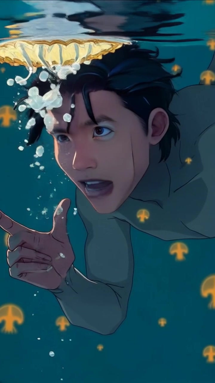 Subject: Ken underwater, expressing panic. Subject movement: He gestures frantically, bubbles escaping his mouth as he struggles to rise towards the surface. Scene: A submerged environment with faint sunlight filtering through the water, illuminating the swirling currents around him. Style: Soft, diffused lighting enhances the sense of urgency and dread. Motion: The camera tracks upward, following Ken's movement, while gently swaying side to side to mimic the water's natural flow.