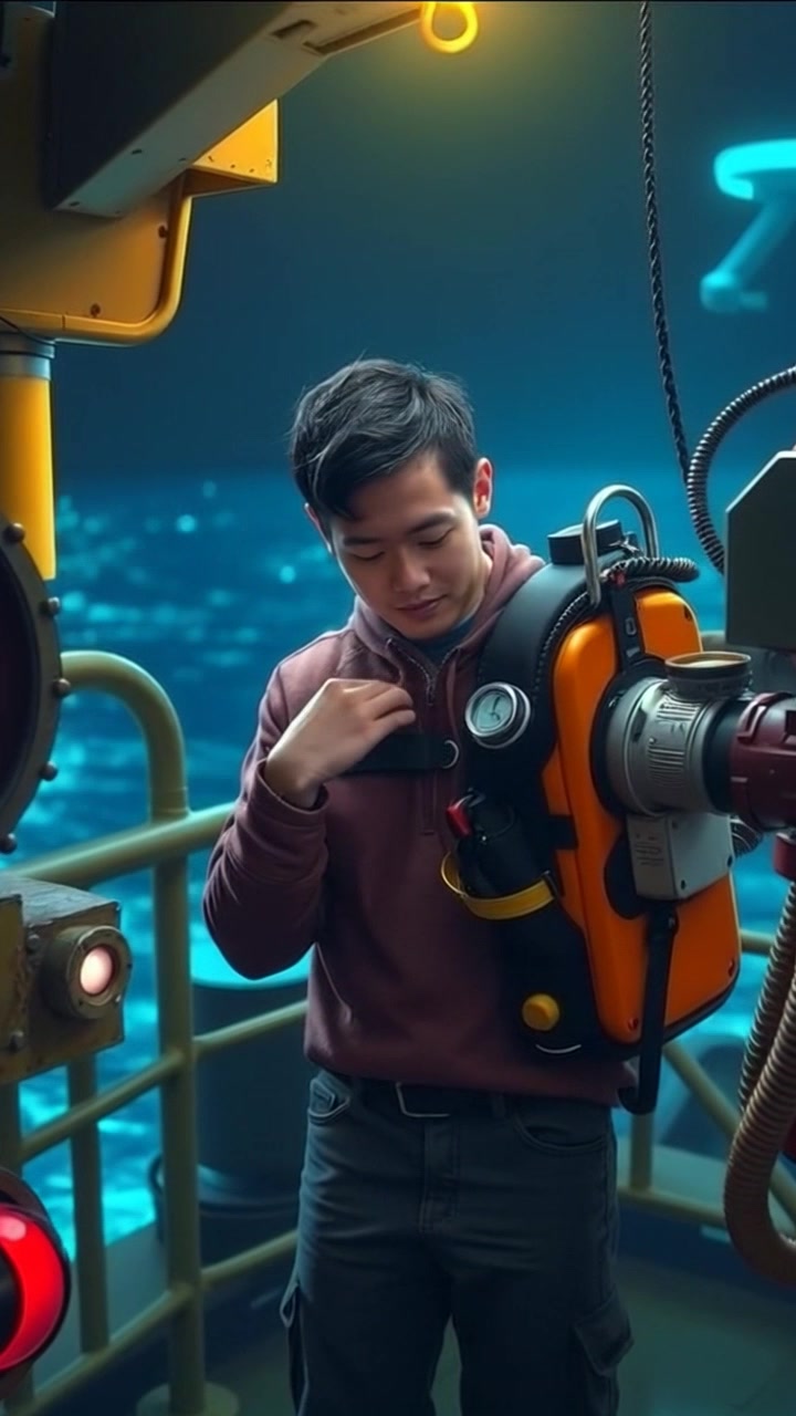 Subject: A diver adjusting his gear. Subject movement: The diver carefully adjusts his mask and fins, positioning himself for entry into the sea. Scene: An oil platform with various diving equipment scattered around, with the vast ocean in the background. Style: Bright daylight illuminating the scene with reflections dancing on the water's surface. Motion: Camera zooms in slowly on the diver as he fine-tunes his gear, capturing the details of the equipment and the expansive ocean beyond.