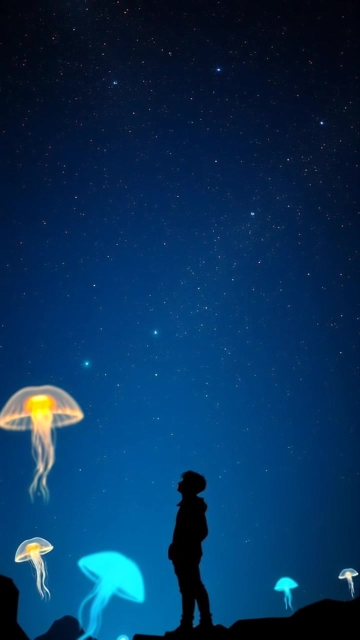 Scene: A vast night sky filled with countless stars, with a solitary figure standing in contemplation against the expansive backdrop. Style: Soft, ambient moonlight illuminating the figure, creating a serene atmosphere. Motion: The camera slowly pans upward into the starry expanse, capturing the beauty of the cosmos while maintaining the figure's presence in the lower frame.