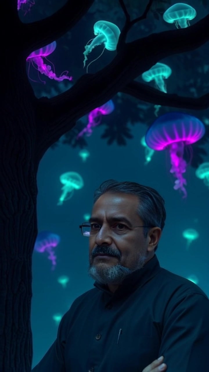 Subject: A person named Raj, pausing thoughtfully under a large, leafy tree. Subject movement: Raj remains still, with a reflective expression as leaves flutter lightly in the gentle breeze. Scene: An idyllic park setting, dappled sunlight filtering through the tree branches, casting intricate shadows on the ground. Style: Soft, ambient lighting enhancing the serene atmosphere. Motion: The camera employs a subtle push-in, focusing on Raj's expression while softly capturing the surrounding greenery and the delicate sway of branches overhead.