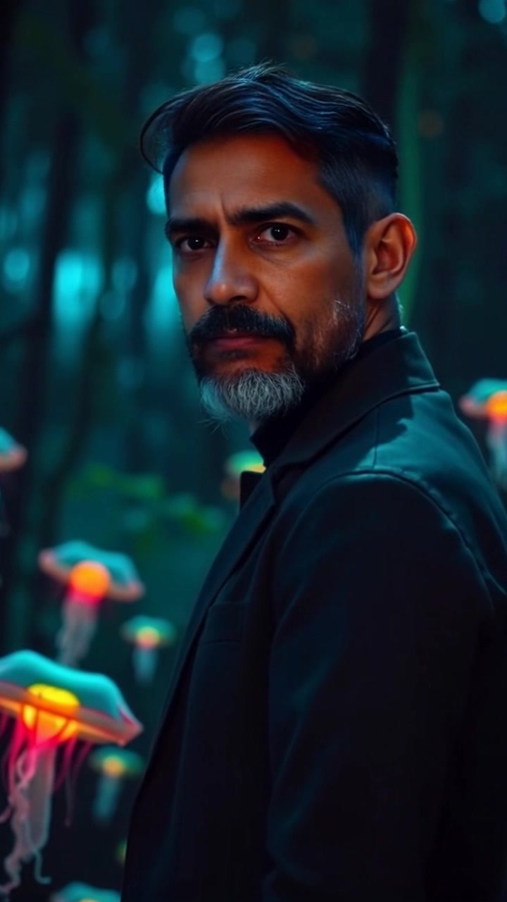 Subject: Raj standing still, looking over his shoulder with an anxious expression. Scene: A moonlit forest, dense trees silhouetted against the soft glow of the moon, casting eerie shadows. Lighting: Cool, blue-toned moonlight enhances the mysterious atmosphere. Motion: The camera slowly pushes in on Raj, capturing the tension in his posture, while subtle rustling sounds accentuate the stillness of the surroundings.