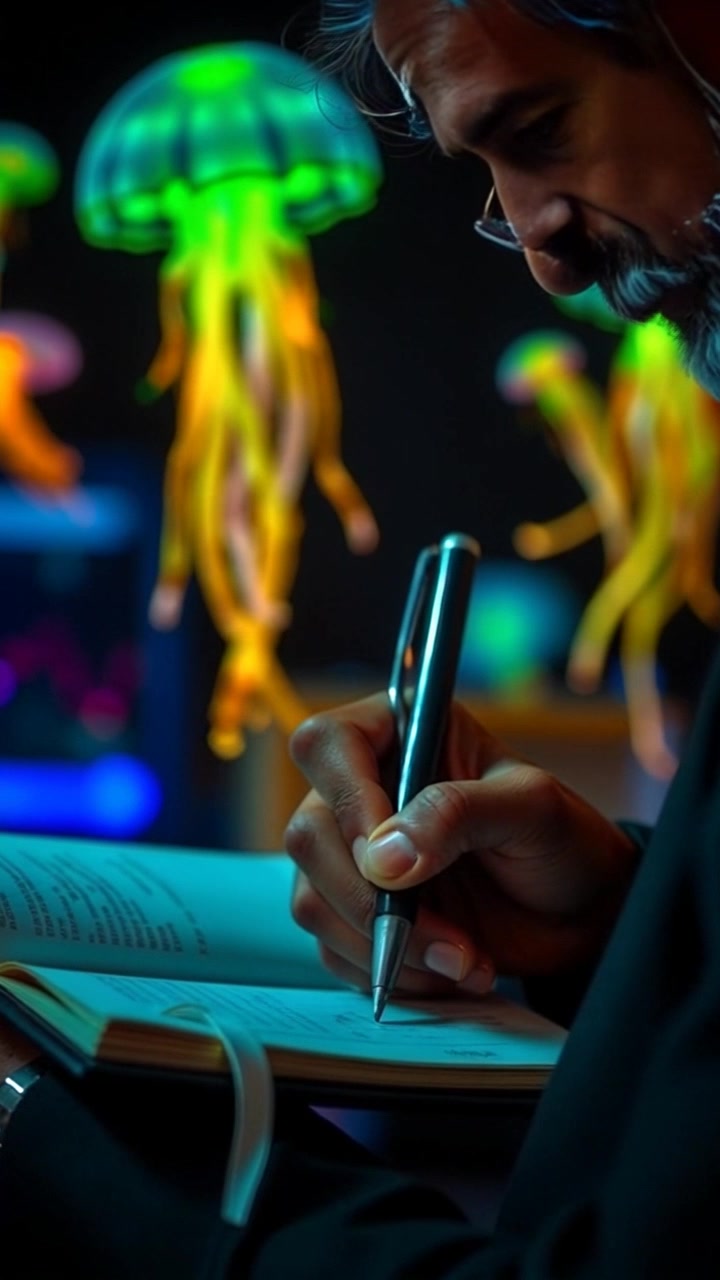 Scene: Close-up of hands writing in a financial notebook, with detailed shots of ink flowing onto the paper. Style: Soft, warm lighting enhancing the texture of the notebook and the hands. Motion: The camera slowly pushes in on the notebook, emphasizing the intricate details of the writing process as the pen moves fluidly across the page.