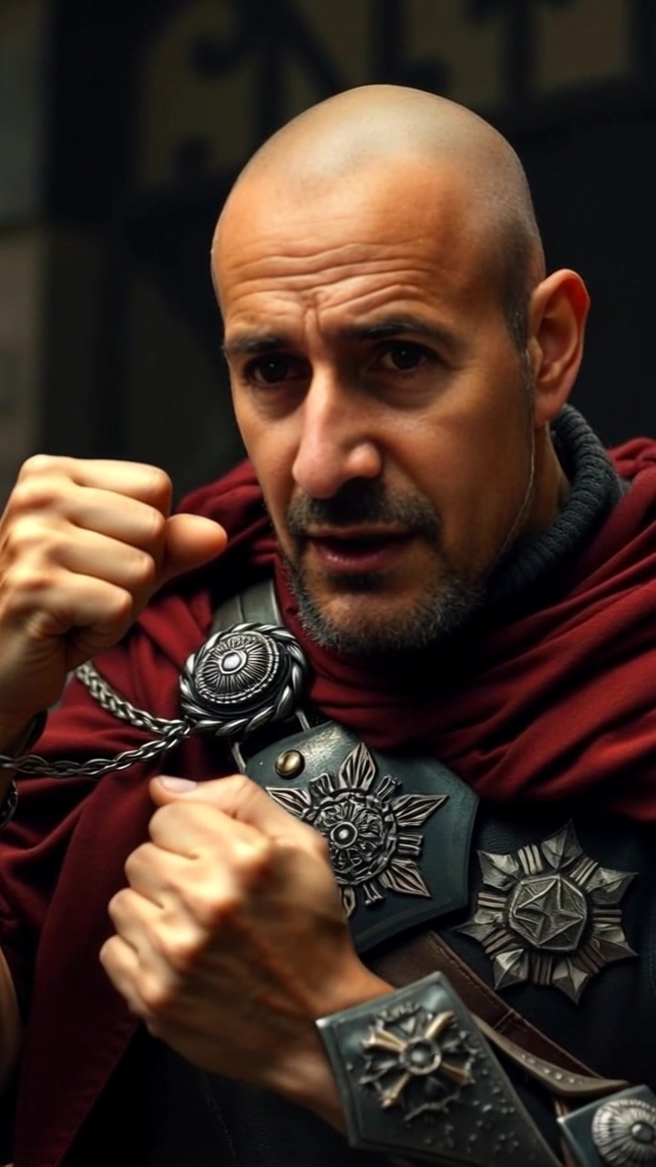 Subject: A man with a frustrated expression, shaking his fist. Subject movement: The man shakes his fist in anger, leaning slightly forward as if in a heated conversation. Scene: An urban street setting, buildings and passerby blurred in the background, hinting at a busy environment. Style: Natural daylight, with a hint of harsh shadows emphasizing the man's emotion. Motion: The camera pushes in closely on the subject's face and hand, capturing the intensity of his expression and movement with dramatic effect.