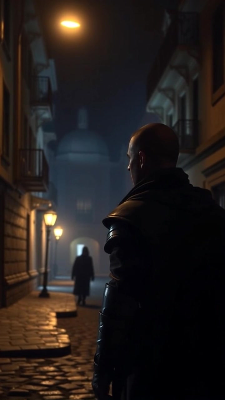 Scene: A dimly lit street at night, with an enigmatic figure blending into the shadows at the end of the alley. Style: Atmospheric twilight lighting enveloping the scene in mystery and intrigue. Motion: The camera slowly pushes in, creating a suspenseful tension as it tracks the figure's movement, enhancing the feeling of solitude and secrecy.