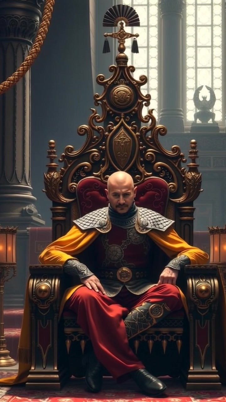 Subject: A regal figure seated on an ornate throne, exuding an air of boredom. Scene: An opulent throne room with elaborate decorations and dim lighting, hinting at a once-vibrant atmosphere. Motion: Camera slowly pushes in towards the subject, capturing the intricate details of the throne and the decor around, while soft, ambient light bathes the scene in a melancholic tone.