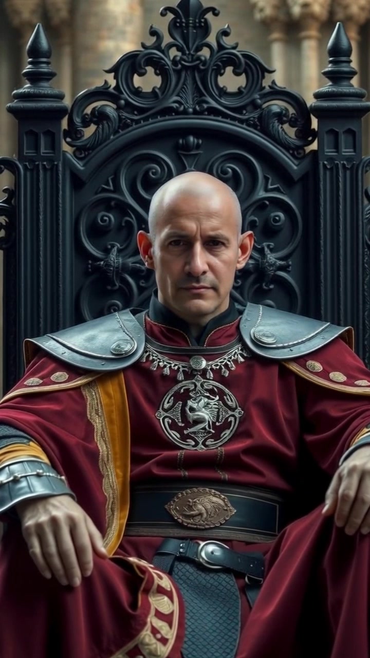 Subject: A regal figure seated on an ornate throne, exuding an aura of authority and solemnity. Scene: A grand hall adorned with rich tapestries and golden accents, dimly lit to create a majestic yet somber mood. Motion: Camera slowly pushes in towards the figure, capturing the intricate details of the royal garb while highlighting the somber expression, with soft ambient lighting enhancing the rich textures of the surroundings.