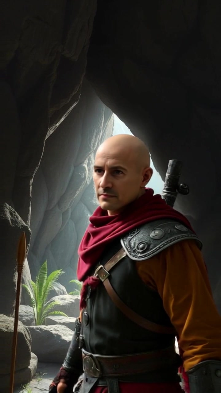 Subject: A determined figure gazing greedily at a dark cave entrance. Subject movement: The figure begins to step forward with a confident stride, anticipation building in their expression. Scene: An ominous cave exterior surrounded by rocky terrain, with shadows hinting at the mysteries inside. Style: Dramatic lighting contrasts between the cave's darkness and the figure's illuminated silhouette. Motion: The camera tracks smoothly as the figure advances, closing in on their intense expression while revealing the foreboding cave's mouth behind them.