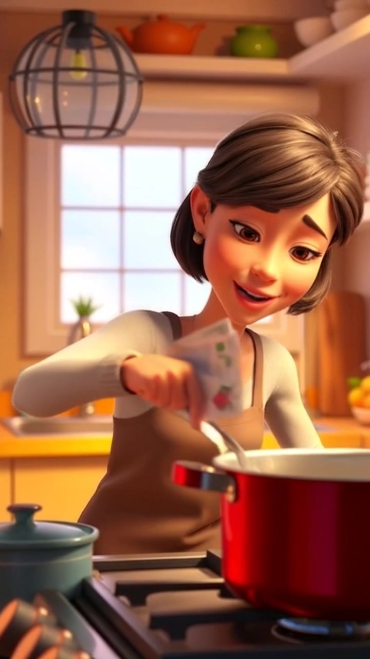 Subject: A person stirring a pot on the stove with a warm smile. Subject movement: They gently stir the pot, exuding a feeling of joy and engagement in the cooking process. Scene: A cozy kitchen filled with warm tones and rustic decor, sunlight pouring in through the window creating a cheerful atmosphere. Motion: Camera slowly pushes in to capture the person's expressions and the bubbling pot, enhancing the inviting warmth of the scene.