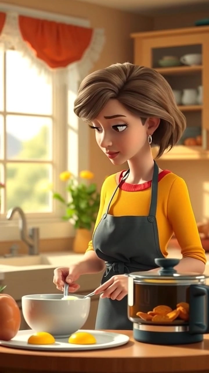 Subject: A woman cooking breakfast in a cozy kitchen. Subject movement: She stirs a pan while occasionally glancing out the window. Scene: Inviting kitchen filled with warm, morning light filtering through a sunny window, accentuating the gleaming countertops and fresh ingredients. Motion: The camera gently pushes in, capturing the details of the breakfast preparation while maintaining a soft focus on the glowing sunlight.