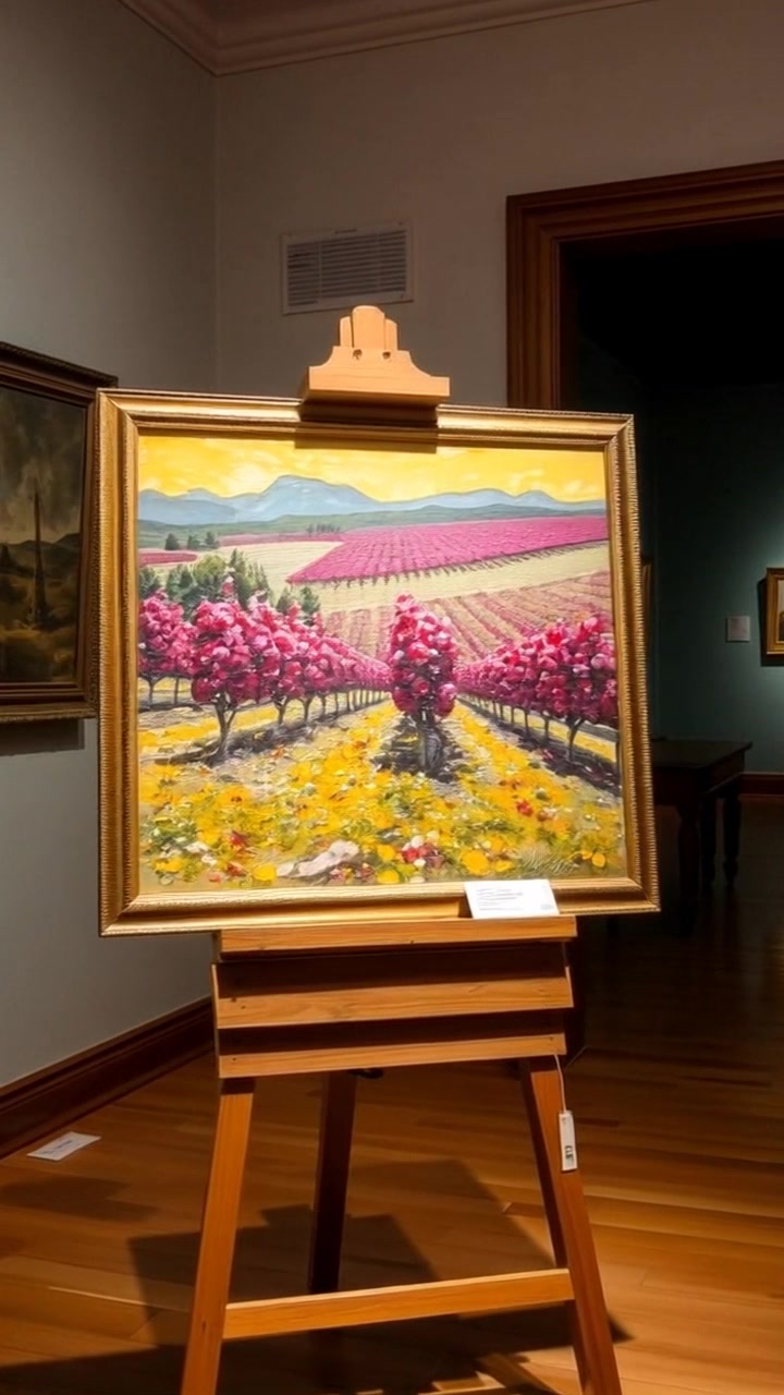 Scene: An elegant art gallery showcasing an old painting of 'The Red Vineyard' on a wooden easel, surrounded by softly illuminated walls adorned with other artworks. Style: Subtle ambient lighting casts gentle shadows across the gallery, enhancing the rich colors of the painting. Motion: The camera performs a slow push-in towards the painting, capturing its details, while a slight resonance of the gallery's serene atmosphere envelops the scene.