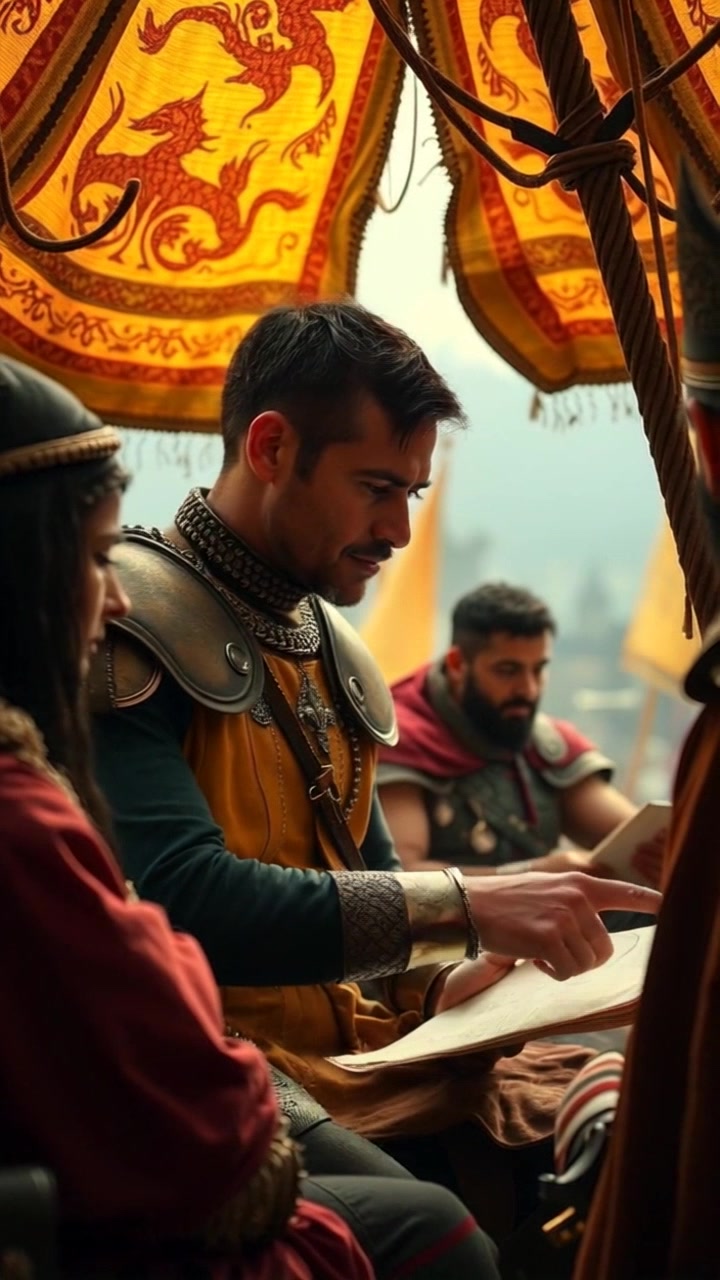Scene: Omar seated at a rugged wooden table in a war tent, surrounded by advisors, intensely studying a map filled with battle plans. Style: Dimly lit interior with flickering candlelight casting dramatic shadows on the canvas walls of the tent. Motion: Camera slowly pans over the table from above, revealing intricate details of the map and advisors' focused expressions as they discuss strategies.