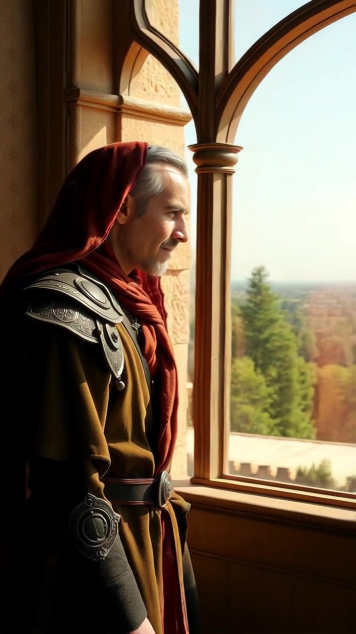 Subject: A person gazing thoughtfully out a large window, bathed in warm sunlight. Scene: A cozy room with soft furnishings and a vast view of nature outside, sunlight casting gentle shadows across the floor. Motion: Camera slowly pushes in close to capture the contemplative expression, then pulls back to reveal the expansive setting through the window, accentuating the serene atmosphere.