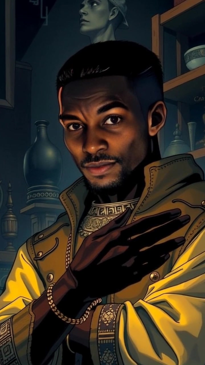 Subject: Isaiah, deeply focused, holds an ancient talisman in a dimly lit room filled with traditional artifacts. Scene: A cozy yet mysterious room adorned with cultural relics casting dramatic shadows. Style: Soft, ambient lighting creates a warm and introspective atmosphere. Motion: Camera slowly pushes in, emphasizing Isaiah's intense expression as he examines the talisman, with the artifacts gently blurring in the background.
