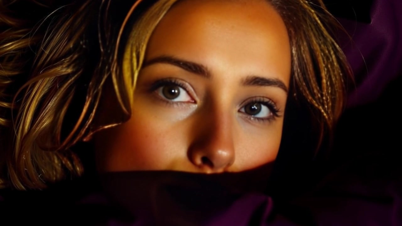 Subject: A woman lying in bed, her expression concerned and eyes wide open as she gazes toward the door. Scene: A dimly lit bedroom with soft shadows playing across the walls, creating an intimate atmosphere. Motion: The camera slowly pushes in for a close-up on her face, capturing the tension in her eyes, while the ambient light from a distant lamp casts soft highlights, enhancing the mood of unease.